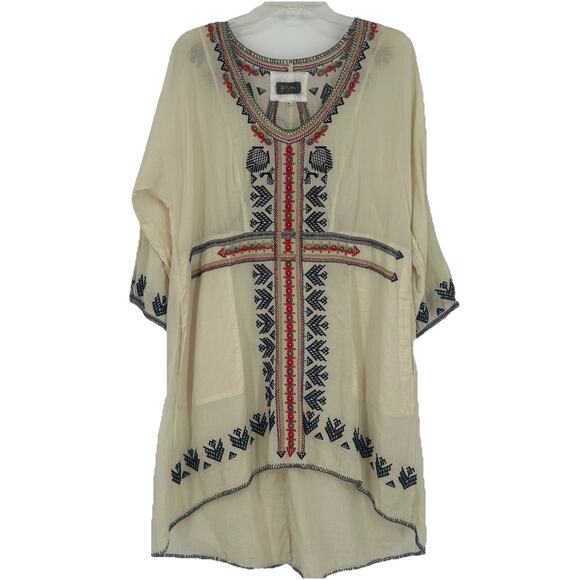 Johnny Was Biya Boho Tunic Top Cream Embroidered Pockets Hippie Sheer Size L - Picture 1 of 10